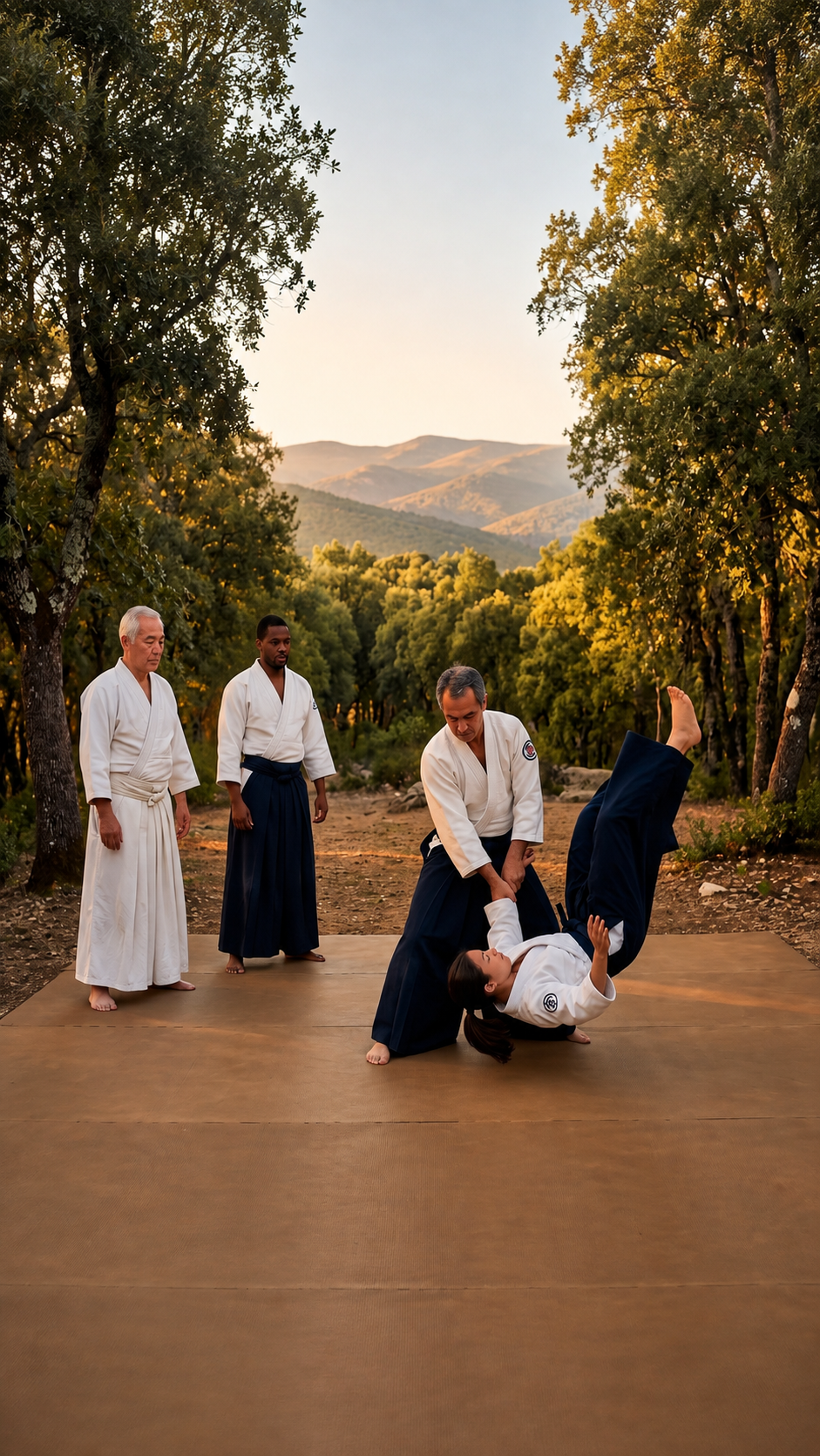 Practicantes de aikido en un tatami al aire libre rodeado de árboles