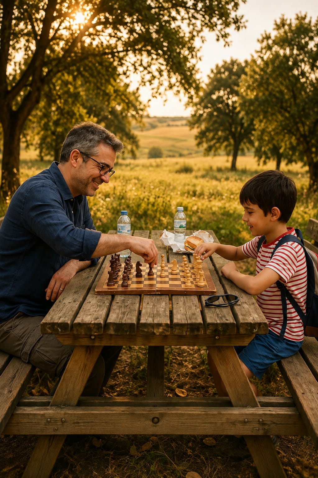 Adulto y niño jugando al ajedrez en una mesa de madera al aire libre al atardecer