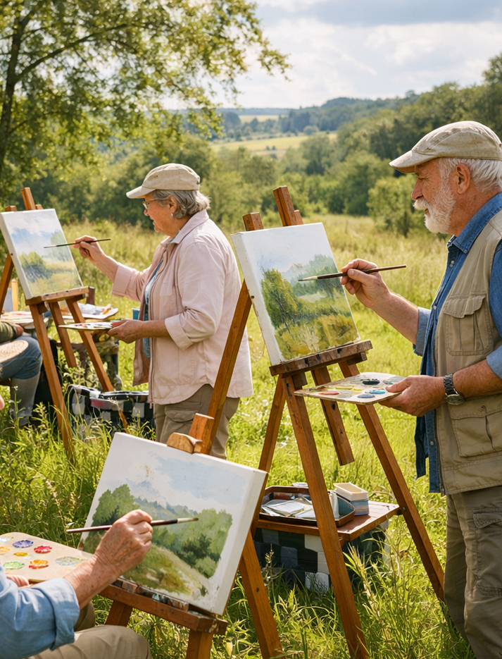 Personas mayores pintando con caballetes al aire libre en un prado
