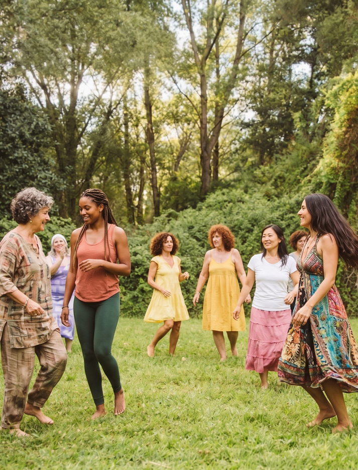 Grupo de personas danzando y sonriendo al aire libre sobre la hierba