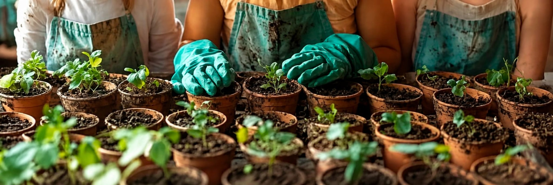 Niños con guantes de jardinería cuidando pequeñas plantas en macetas