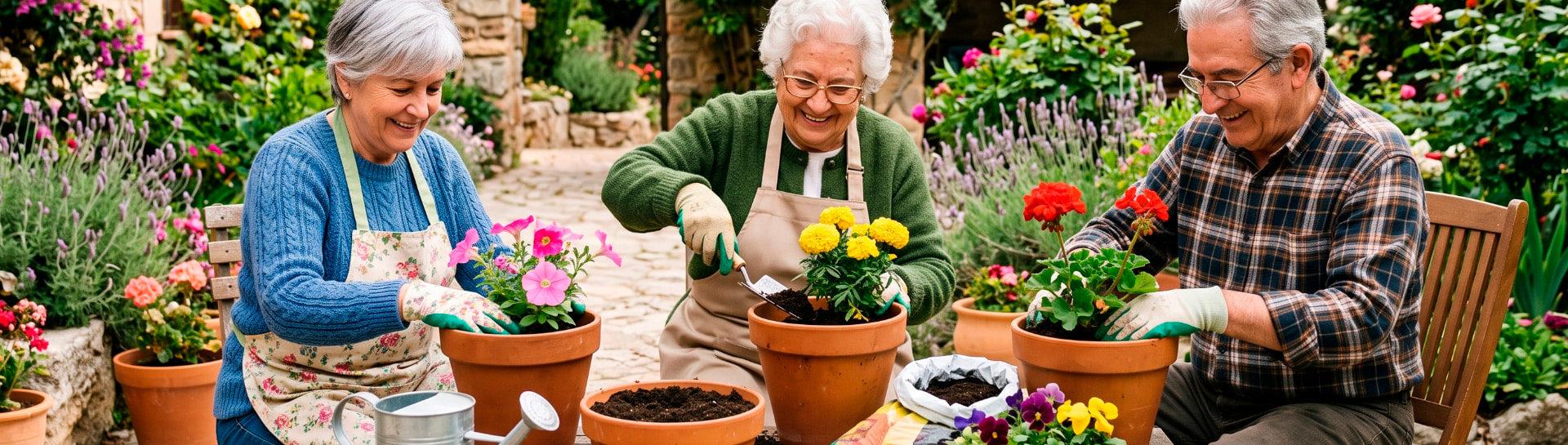 Tres personas mayores plantando flores en macetas en un jardín soleado