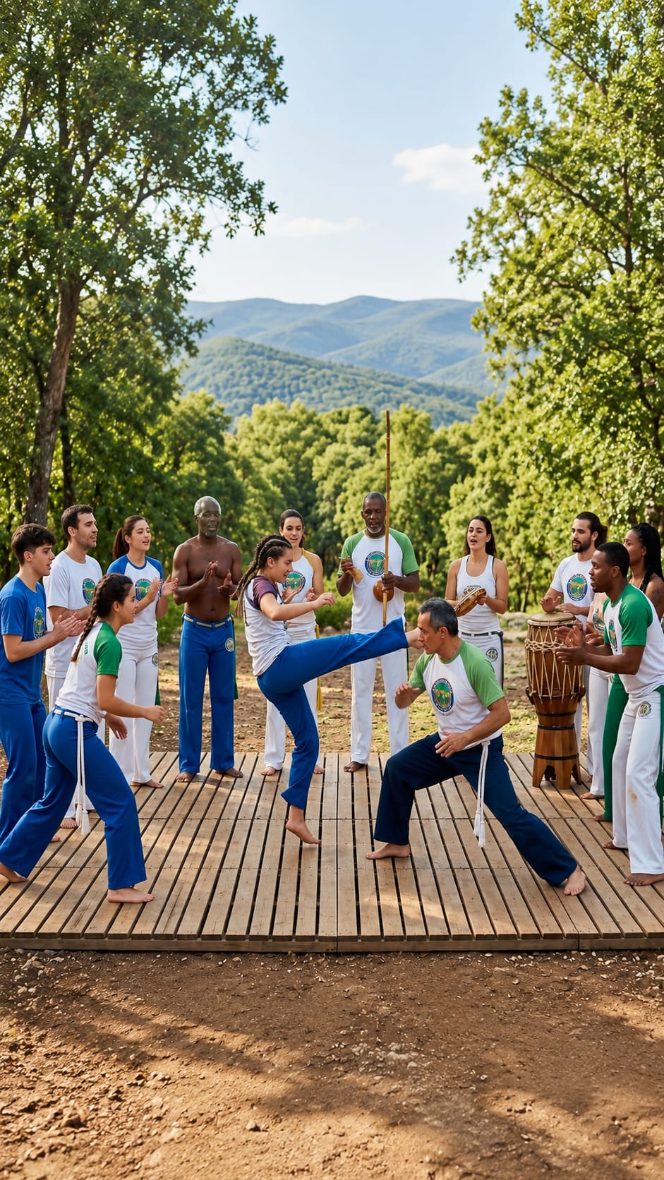 Grupo practicando capoeira en una roda sobre plataforma de madera en la naturaleza
