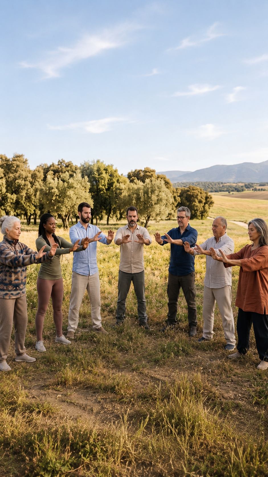 Grupo de personas practicando chikung al aire libre en un prado verde