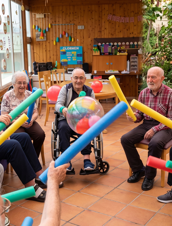 Personas mayores en círculo jugando con churros de espuma y una pelota de colores