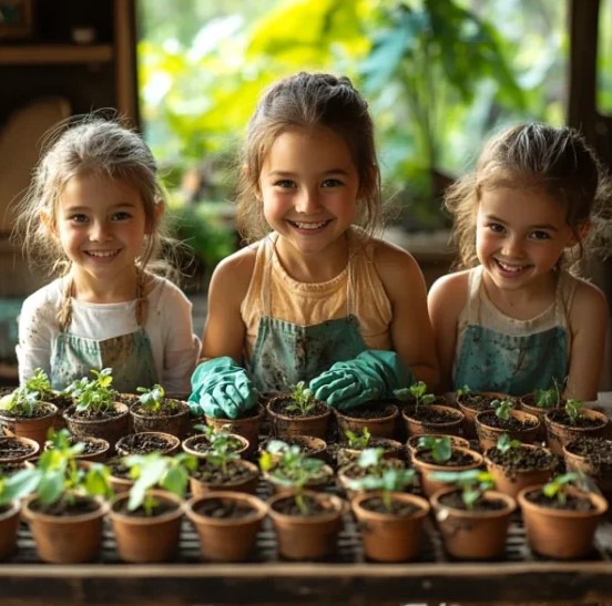 Tres niñas sonrientes con delantales y guantes de jardinería junto a macetas con brotes