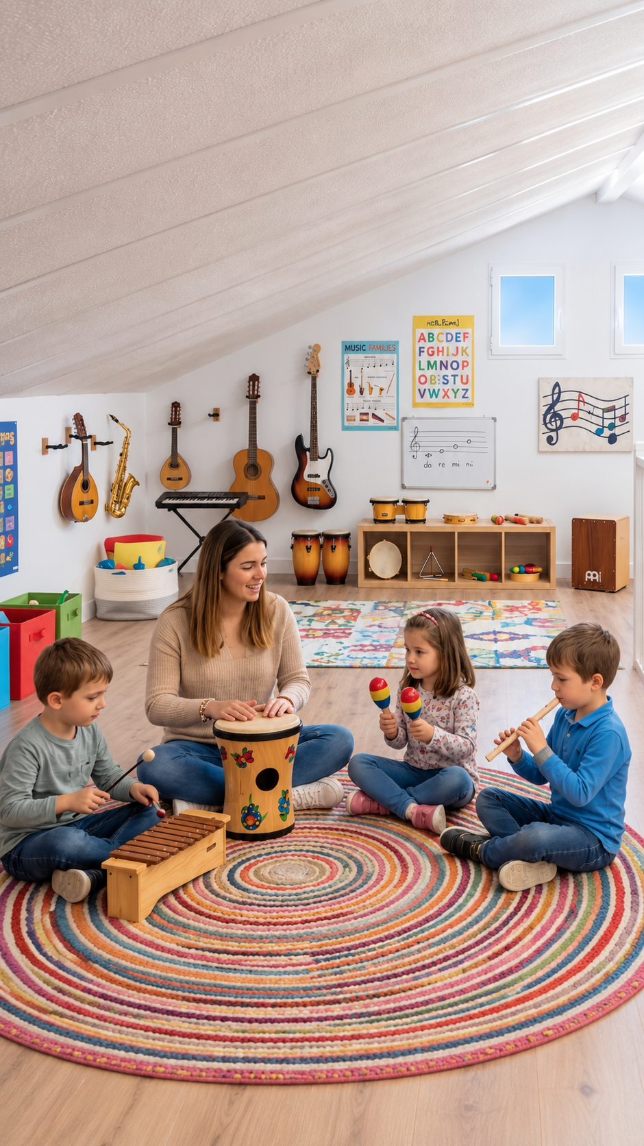 Terapeuta y niños sentados en una alfombra circular tocando instrumentos musicales