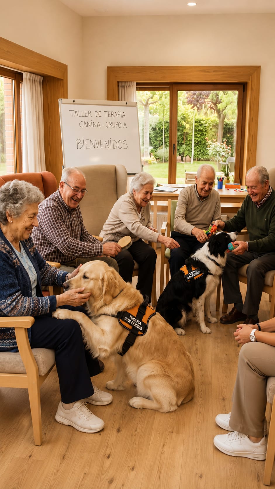 Grupo de personas mayores acariciando y jugando con dos perros de terapia en una sala luminosa
