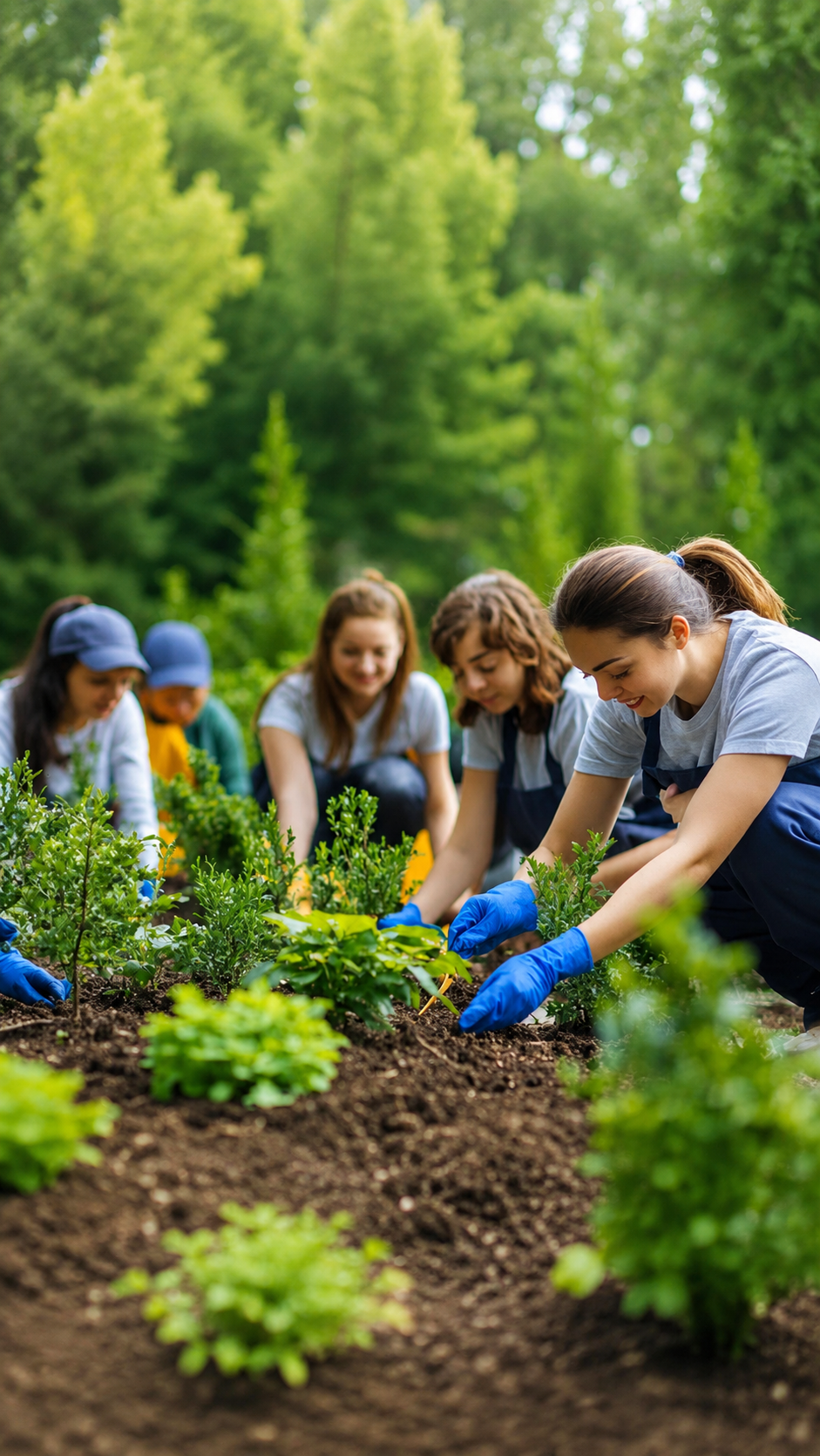 Grupo de personas trabajando en un huerto comunitario cuidando plantas y hortalizas