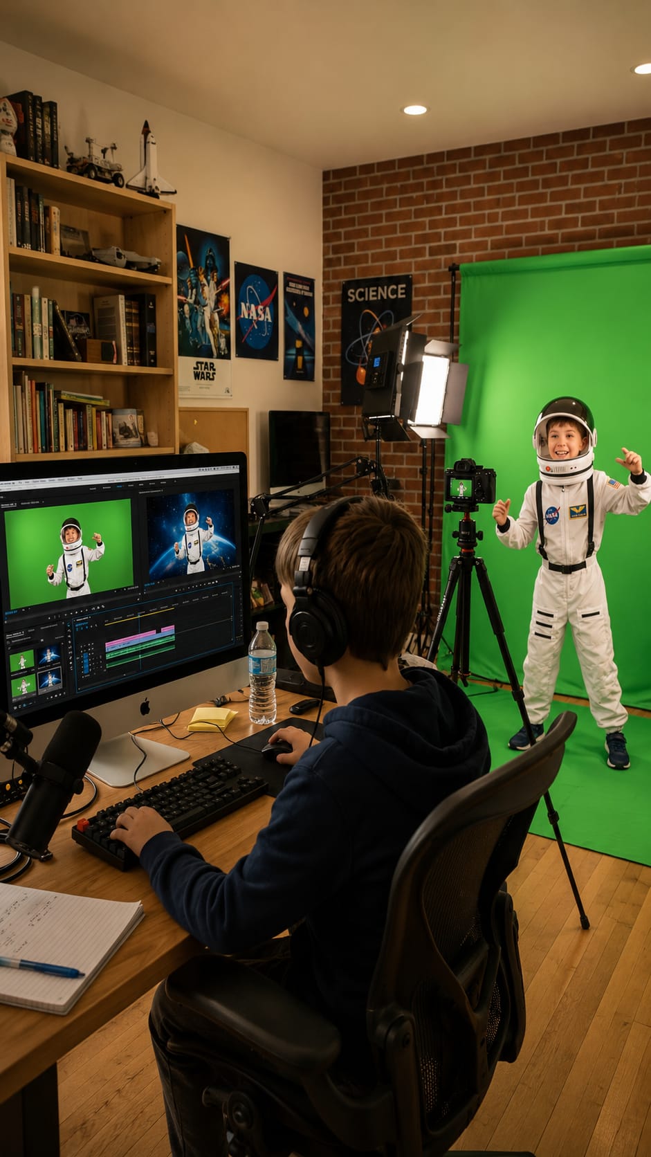 Joven editando en un ordenador un vídeo de un niño disfrazado de astronauta ante un croma verde