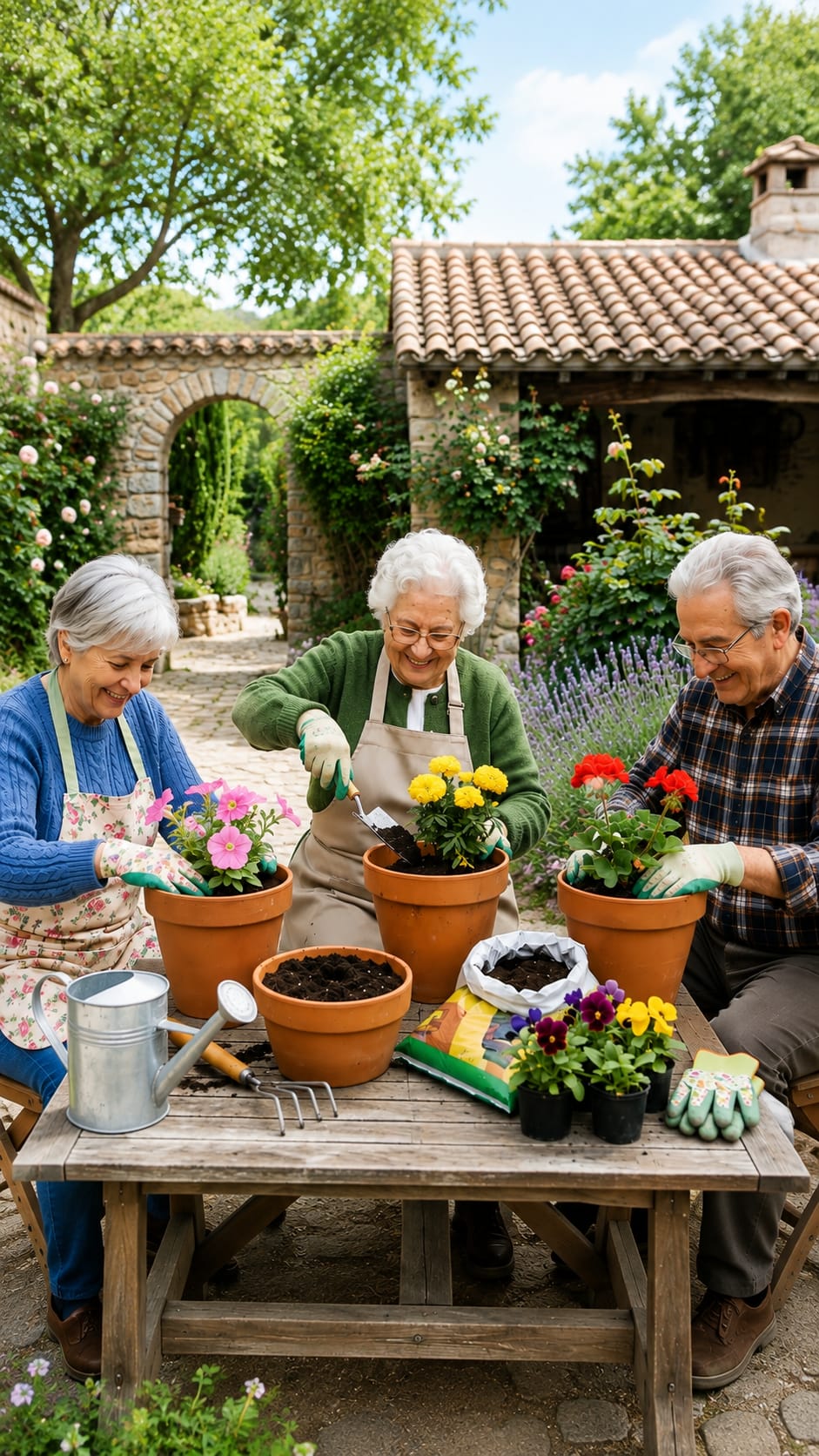 Grupo de personas mayores plantando flores en un jardín soleado