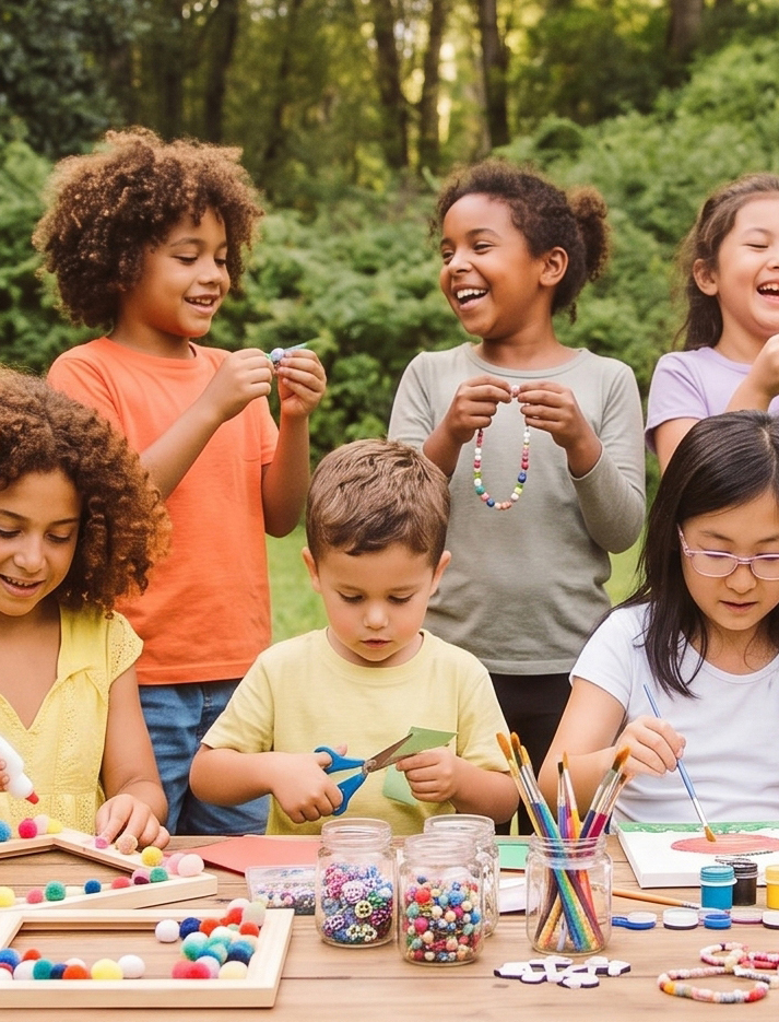 Niños y niñas haciendo manualidades con cuentas, tijeras y pinturas sobre una mesa de madera al aire libre