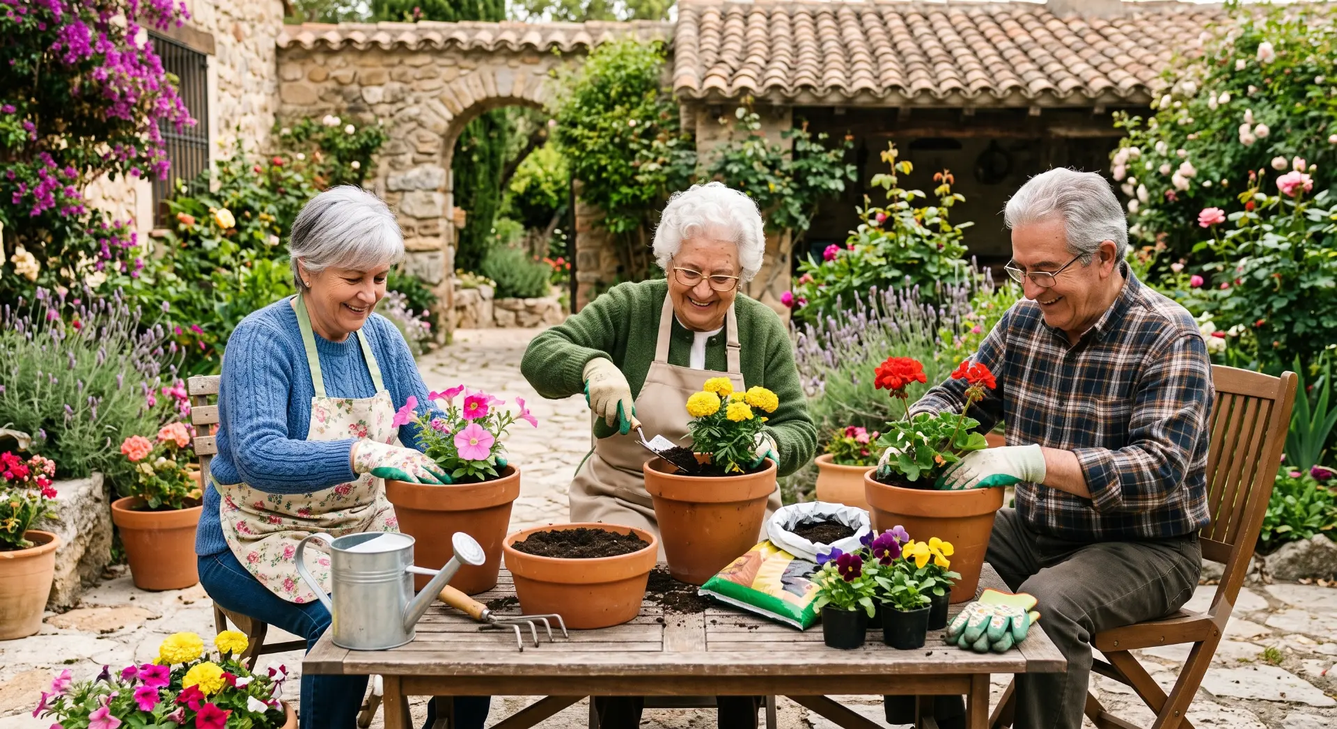 Tres personas mayores plantando flores en macetas en un jardín soleado