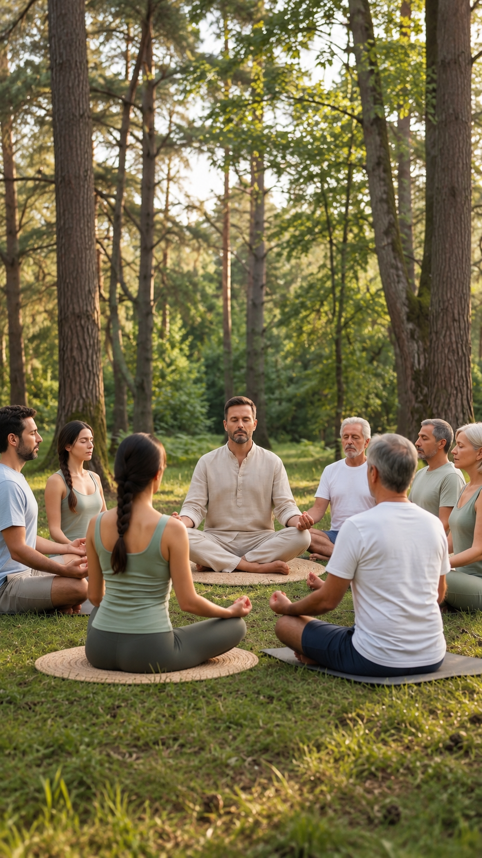 Grupo de personas meditando sentadas en círculo sobre la hierba en un bosque de pinos