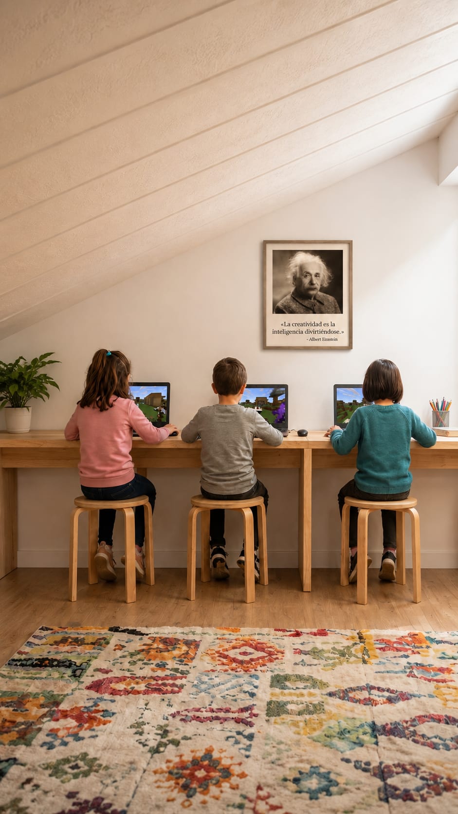 Tres niños de espaldas jugando a Minecraft en ordenadores portátiles sobre una mesa de madera