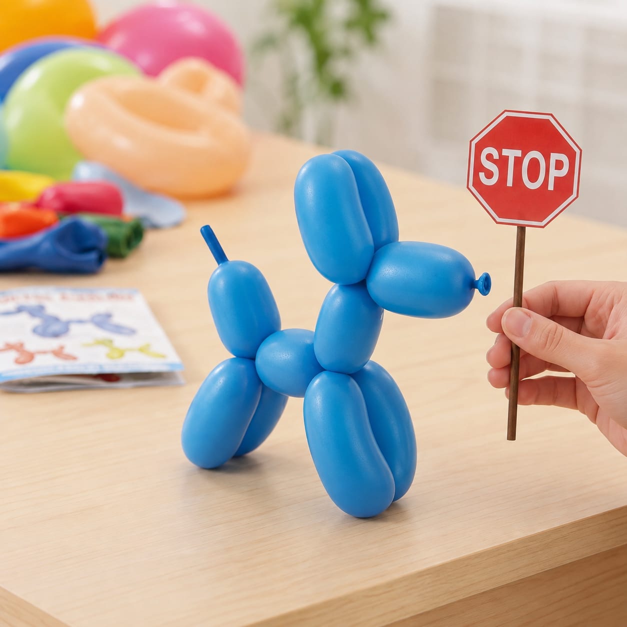Perro de globo azul sobre una mesa junto a una mano con una señal de stop