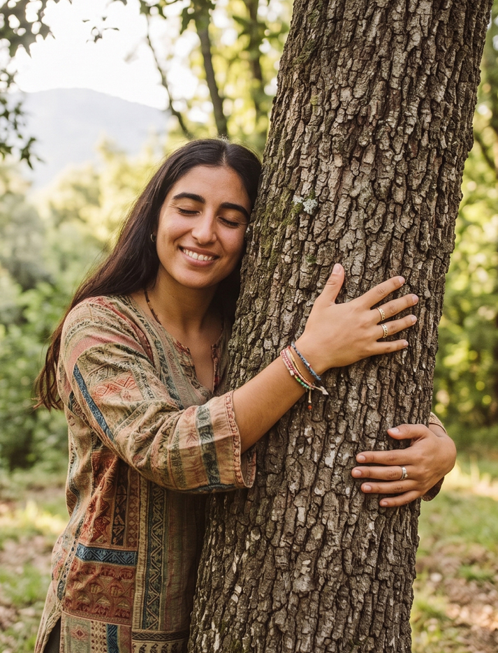 Mujer sonriente abrazando el tronco de un árbol en el bosque