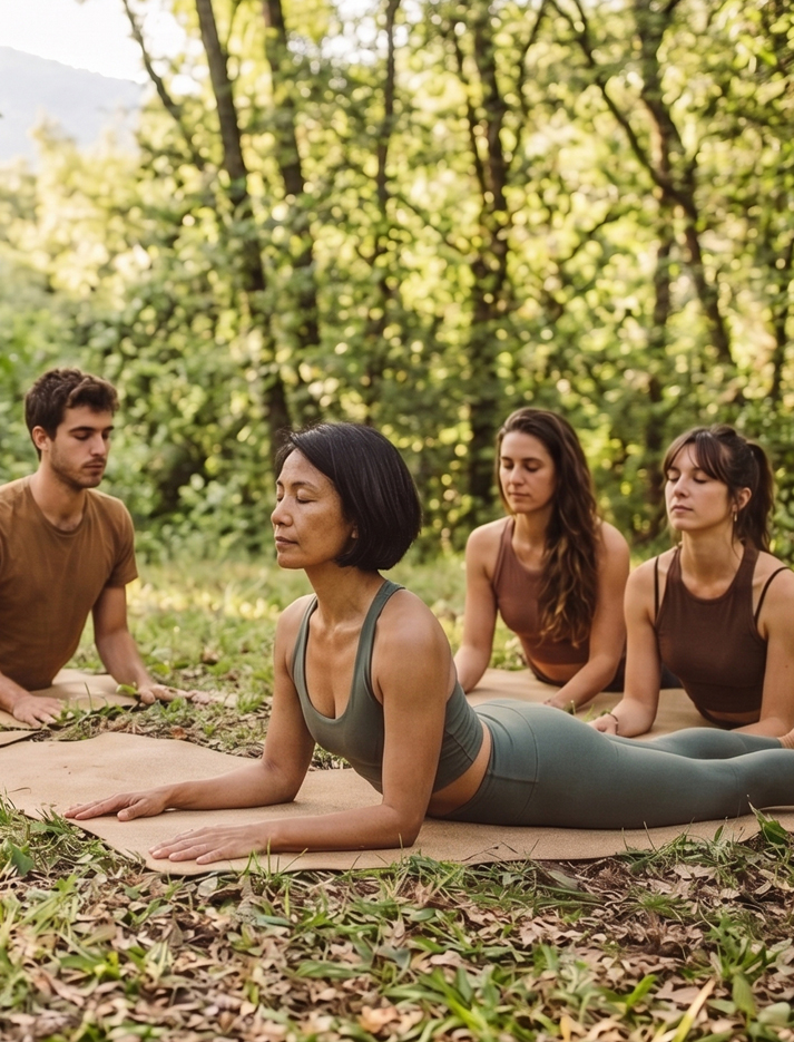Personas realizando ejercicios de pilates sobre esterillas en un entorno natural