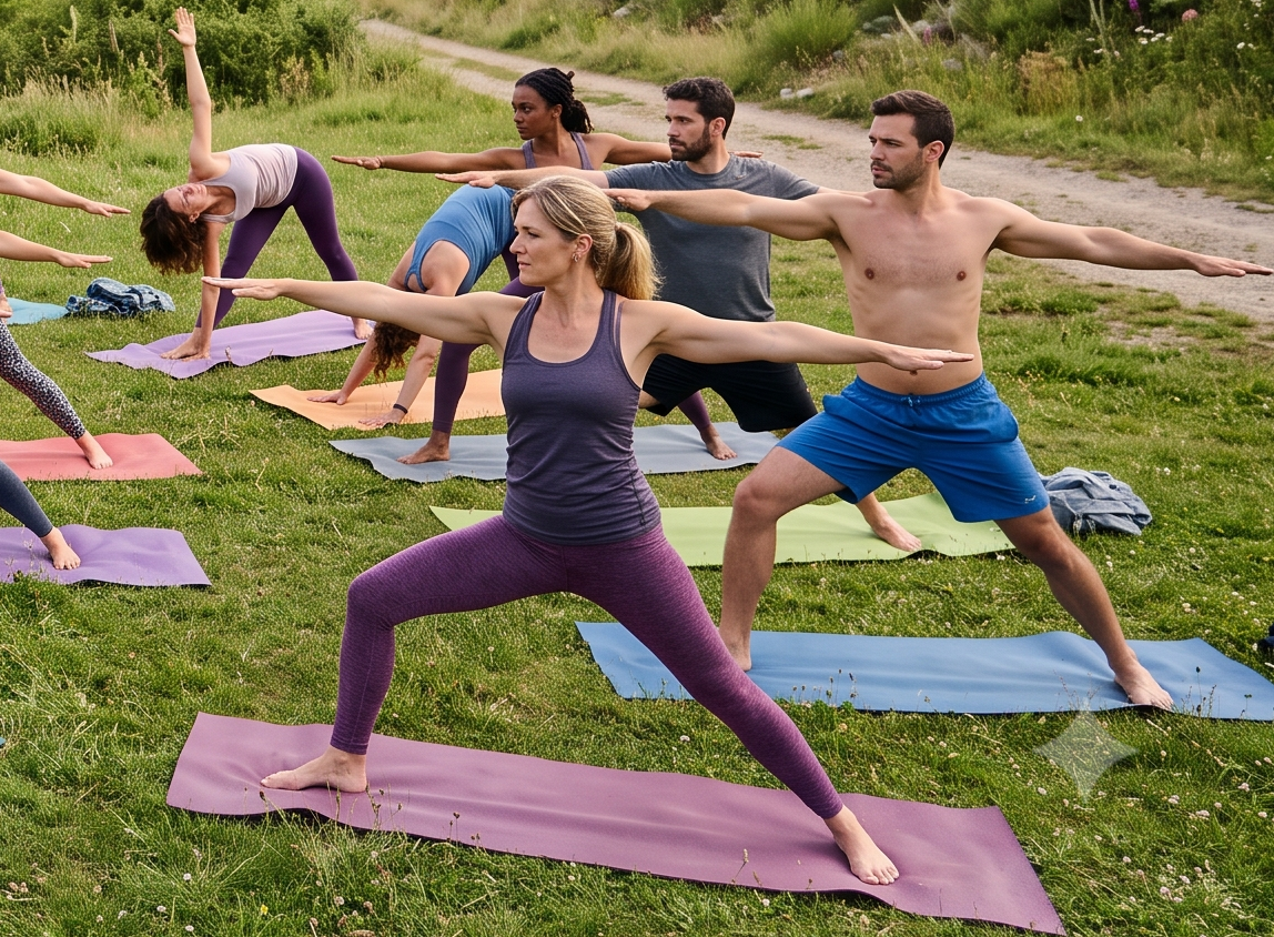 Grupo de adultos practicando yoga al aire libre sobre esterillas en un prado