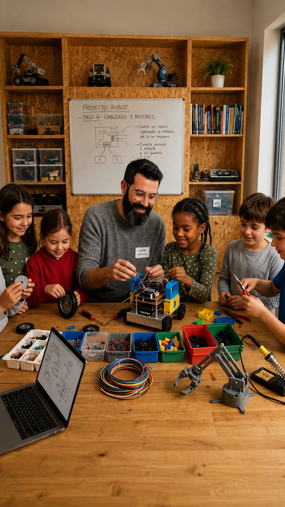 Monitor y grupo de niños montando un robot con piezas y cables sobre una mesa de taller