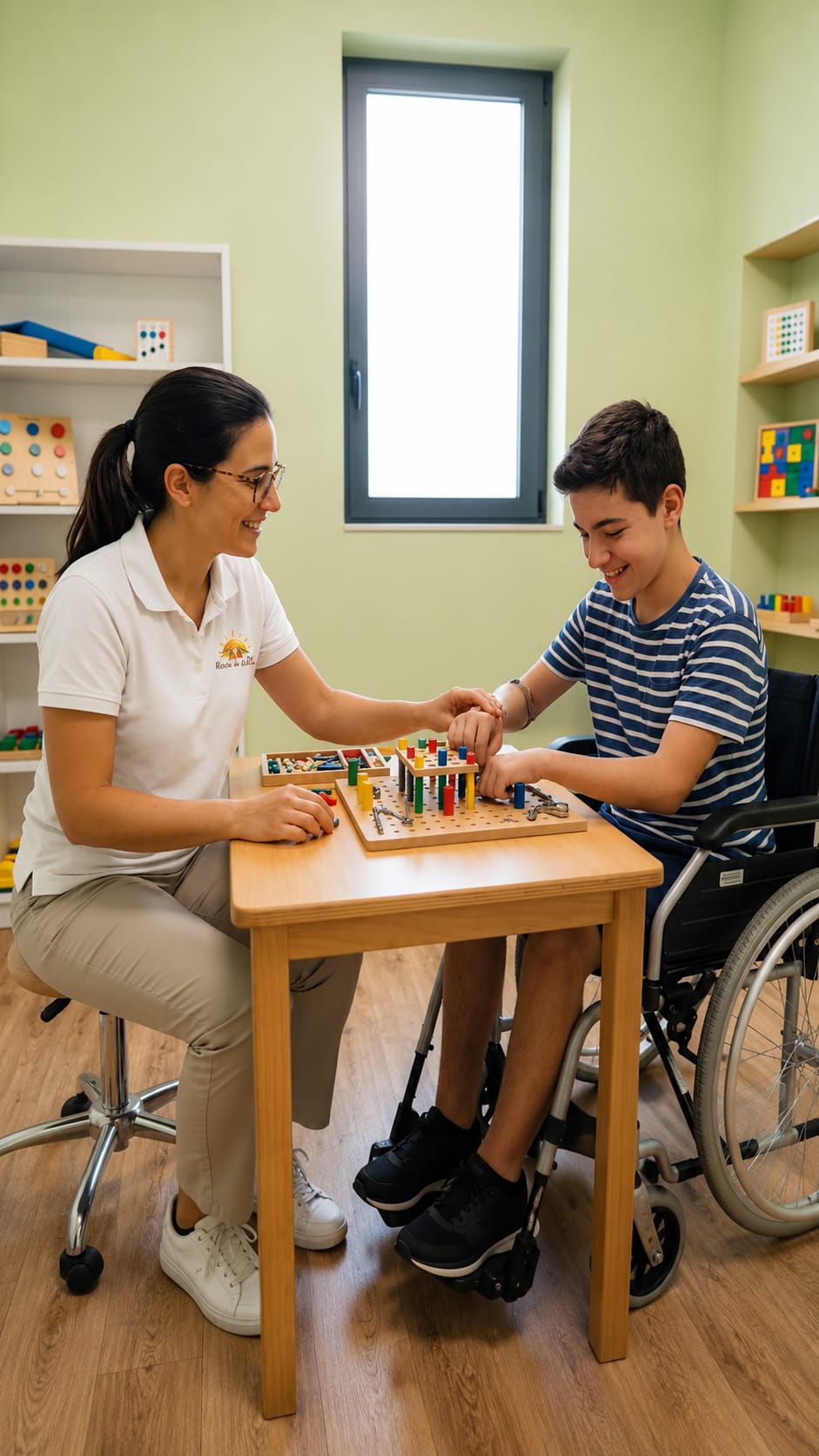 Terapeuta ocupacional trabajando con un adolescente en silla de ruedas con un panel de actividades